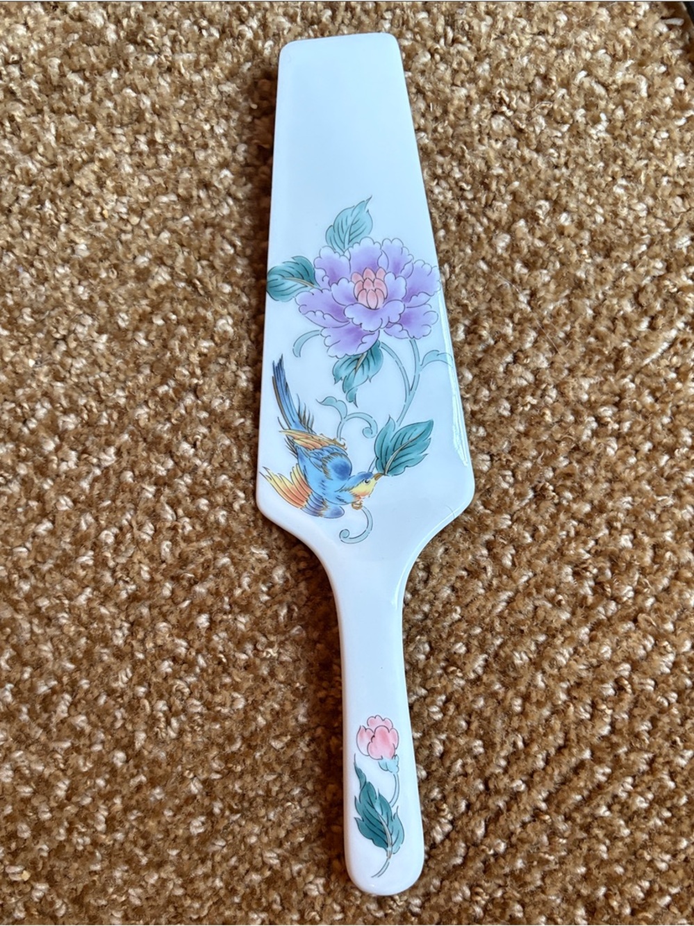 Vintage White Porcelain Cake Server with Purple Floral and Blue Bird Design
